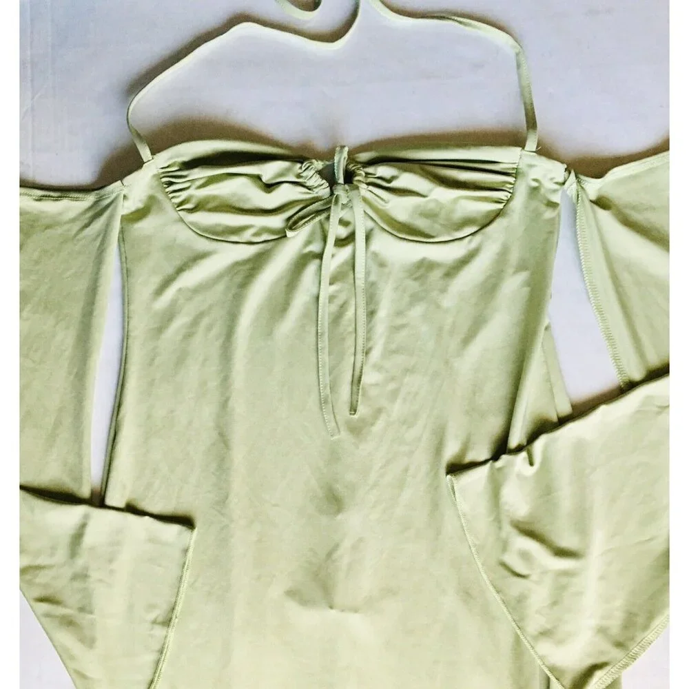 Womens Sexy Halter Bodycon Dress with Sleeve‎ Tie-up Front Midi Size Large Green - Picture 4 of 8